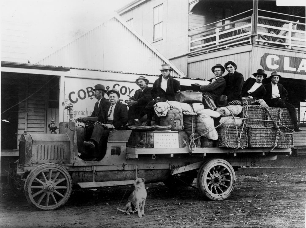 Passengers on the Jundah Mail Transport by Cobb & Co, dog sitting in front