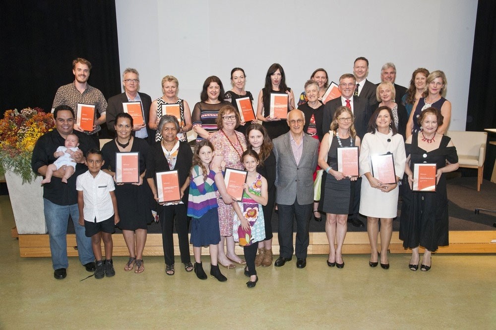 Group photograph of authors and presenters at the Queensland Literary Awards ceremony held in Auditorium 1 at State Library of Queensland, South Brisbane, Queensland, 8 December 2014. SLQ, Image: 29709-0001-0049